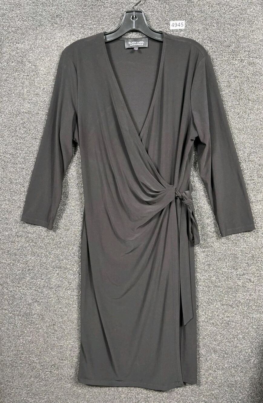 Black Label by Evan Picone Faux Wrap Dress Womens Size 10 Black 3/4 Sleeve